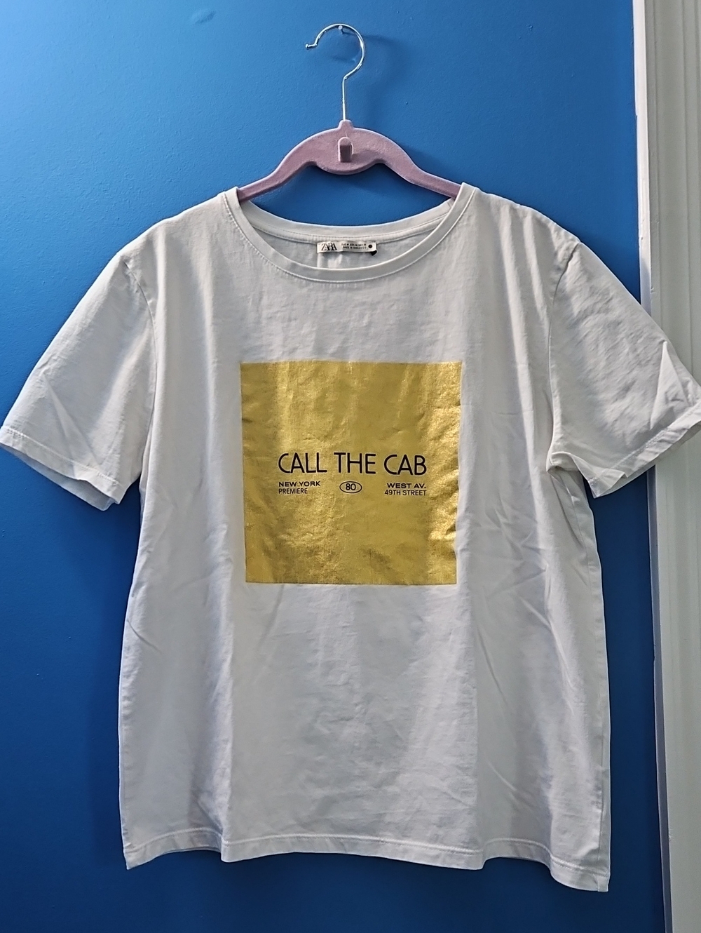 Zara White Tee with Gold Square 'CALL THE CAB'